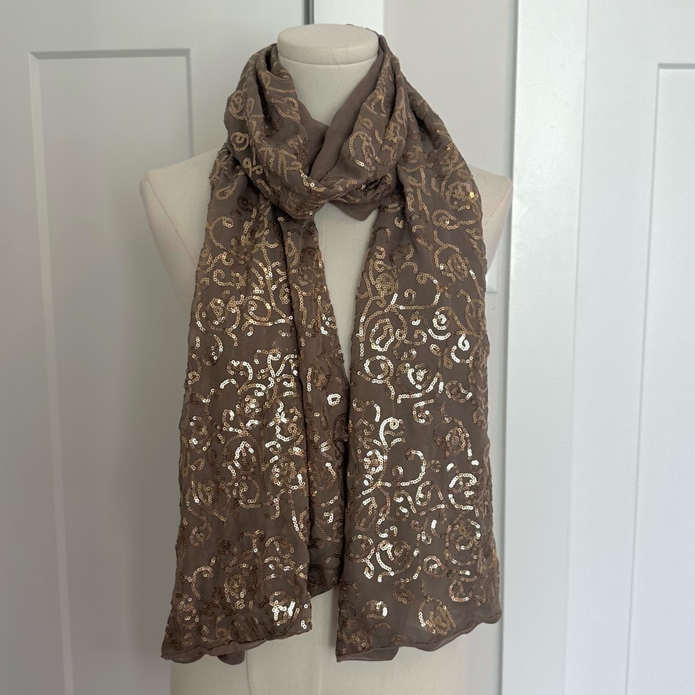 Taupe Chiffon Scarf with Gold Sequins